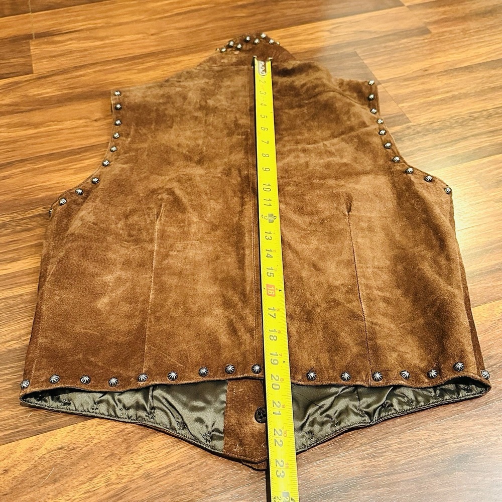 Vintage Arella Leather Gilet Sued Studded Beige Womens Wooden Accents Sz Small - Picture 7 of 9